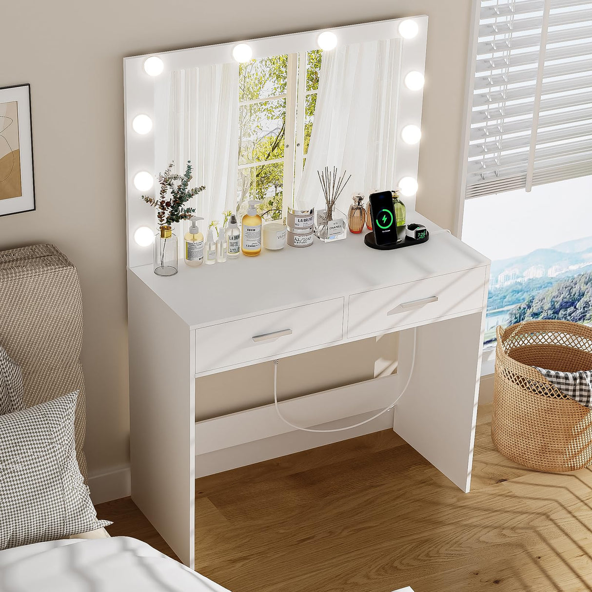 usikey Vanity Desk with Large Lighted Mirror, Makeup Vanity with 10 Lights, 2 Drawers & Power Strip, Vanity Desk Set, Dressing Vanity Tables for Women Girls, Bedroom, White usikey