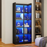 Display Cabinet with Doors and Adjustable Shelves, 65" Tall Bookcase with LED Lights/Human Sensor, 5 Tier Display Case for Collectibles Bedroom Living Room Office, Black - Smoked Black Door Dystler