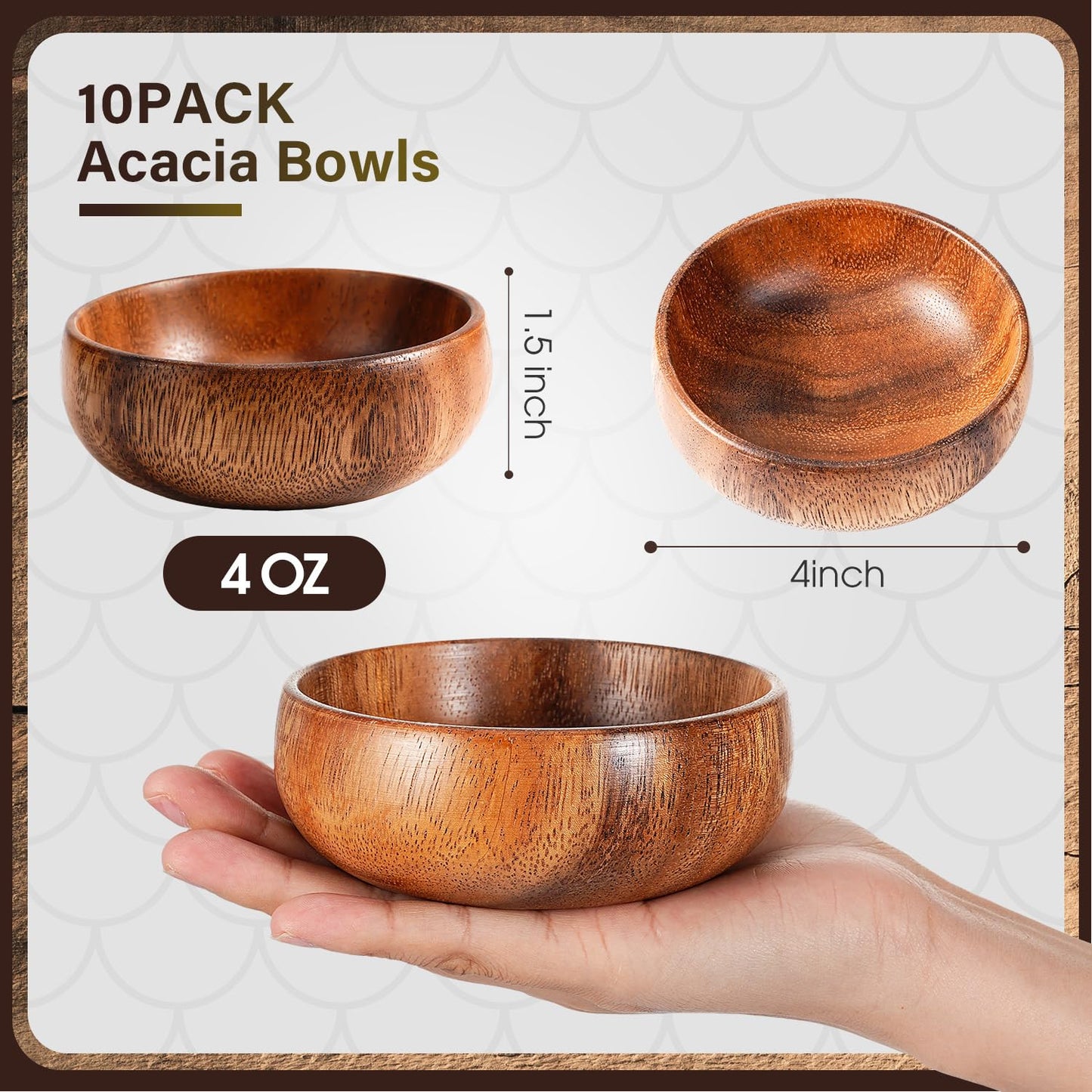 Skylety Acacia Wooden Bowls Small Calabash Bowls Round Wood Salad Hand Carved Calabash Dip Tray for Serving Popcorn Pasta Candy Cereal Coconut Nuts Sauce Appetizers Kitchen(10 Pcs,4 Inch)