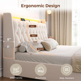Queen LED Velvet Bed Frame with 2 Storage Drawers&Hidden Headboard, Upholstered Platform Bed with Charging Station&Button Tufted Design, Wooden Slats Support, Box Spring Optional, Easy Assembly, Beige Jocoevol