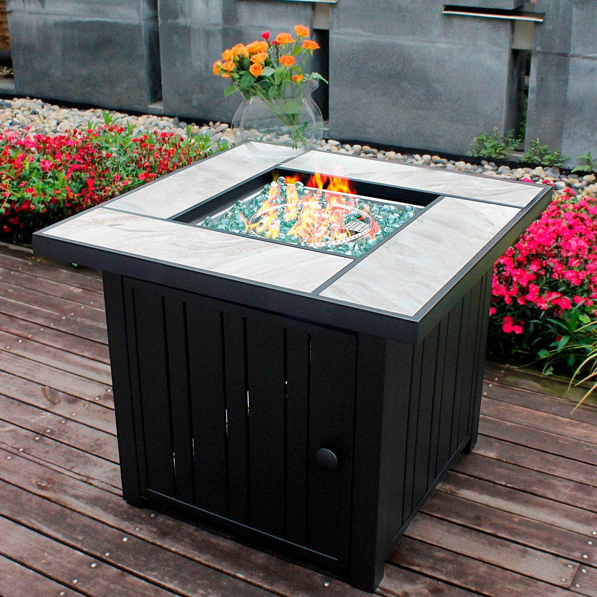 OutVue 30" Propane Fire Pit with Real Ceramic Tabletop, 50000 BTU Gas Firepit Table with Lid & Glass Rock, Outdoor Fire Pit for Dining or Party, Firepit for Outside, Patio, Garden, Yard OutVue