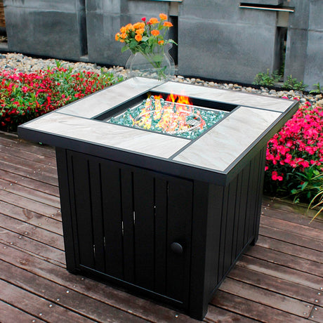 OutVue 30" Propane Fire Pit with Real Ceramic Tabletop, 50000 BTU Gas Firepit Table with Lid & Glass Rock, Outdoor Fire Pit for Dining or Party, Firepit for Outside, Patio, Garden, Yard OutVue