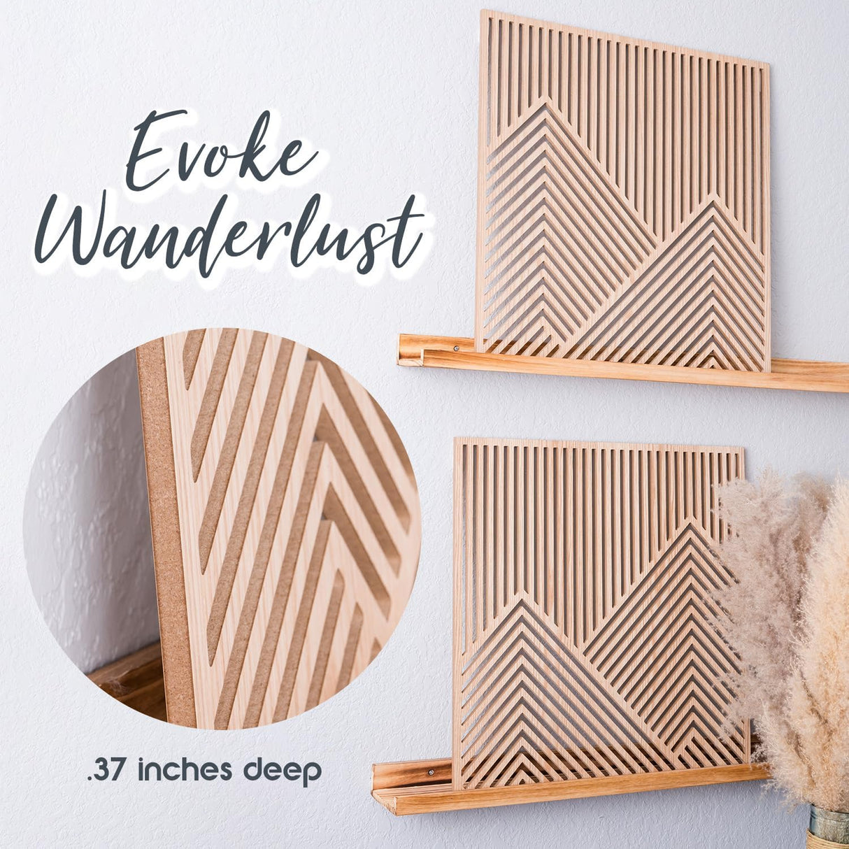 SnugLife 2 Pcs Wood Mountain Wall Art - Modern Wooden Panel Mountain Wall Decor, Decorative Forest Nature Abstract Line Minimalist Wall Art for Living Room Bedroom Farmhouse - Large 23.5”x23.5” SnugLife