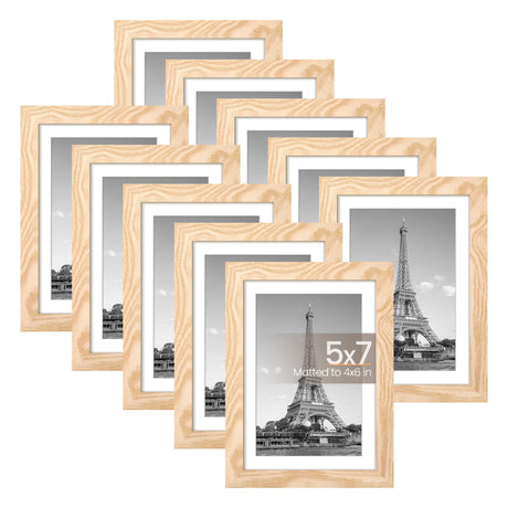 upsimples 5x7 Picture Frame Set of 10, Display Pictures 4x6 with Mat or 5x7 Without, Multi Photo Frames Collage for Wall or Tabletop Display, Natural upsimples