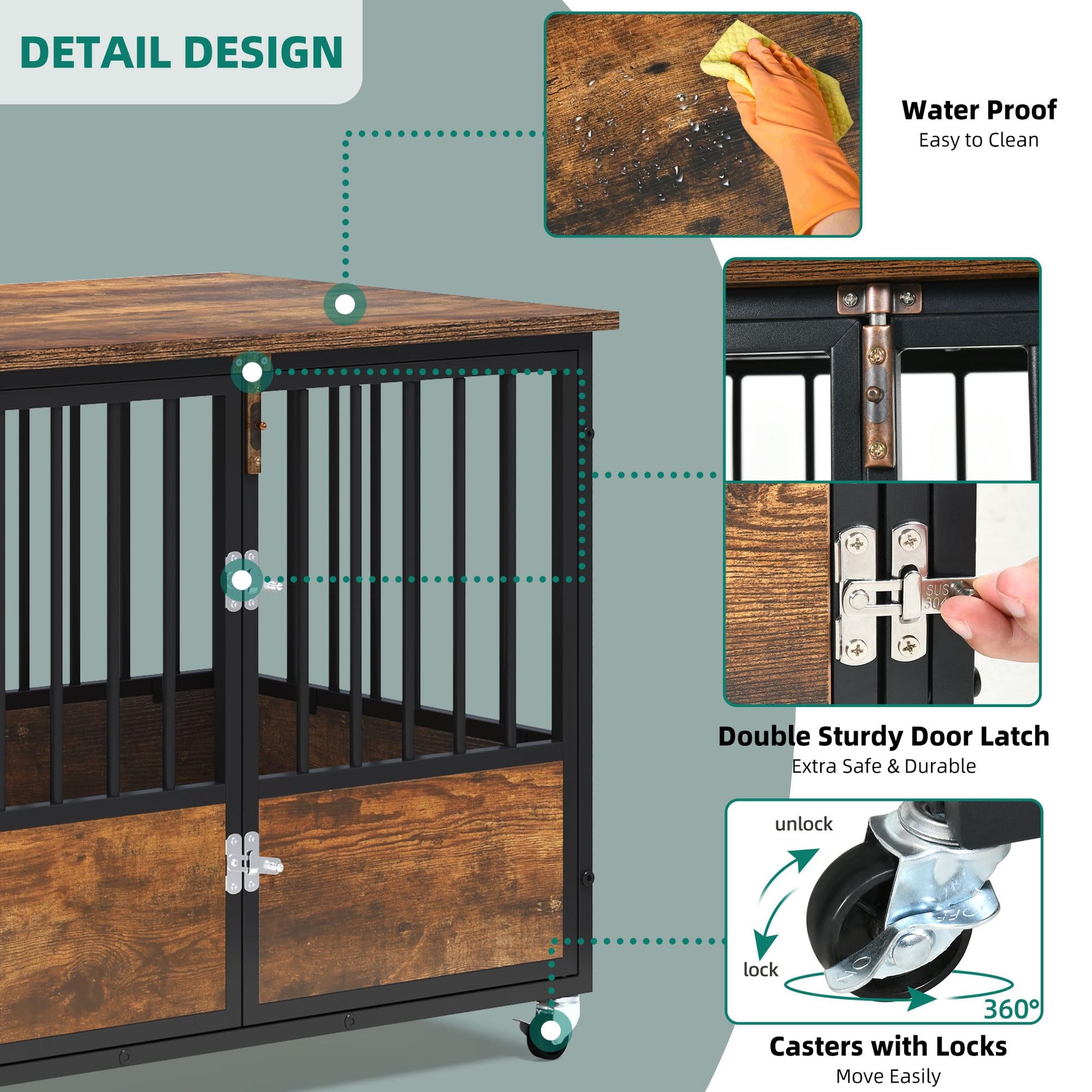 YITAHOME Rustic Heavy Duty Dog Crate Furniture with Wheels, Double-Doors Metal Dog Kennel Indoor for Small Medium Dogs, Decorative Dog House Side End Table, Chew-Resistant Wooden Dog Cage - WoodArtSupply