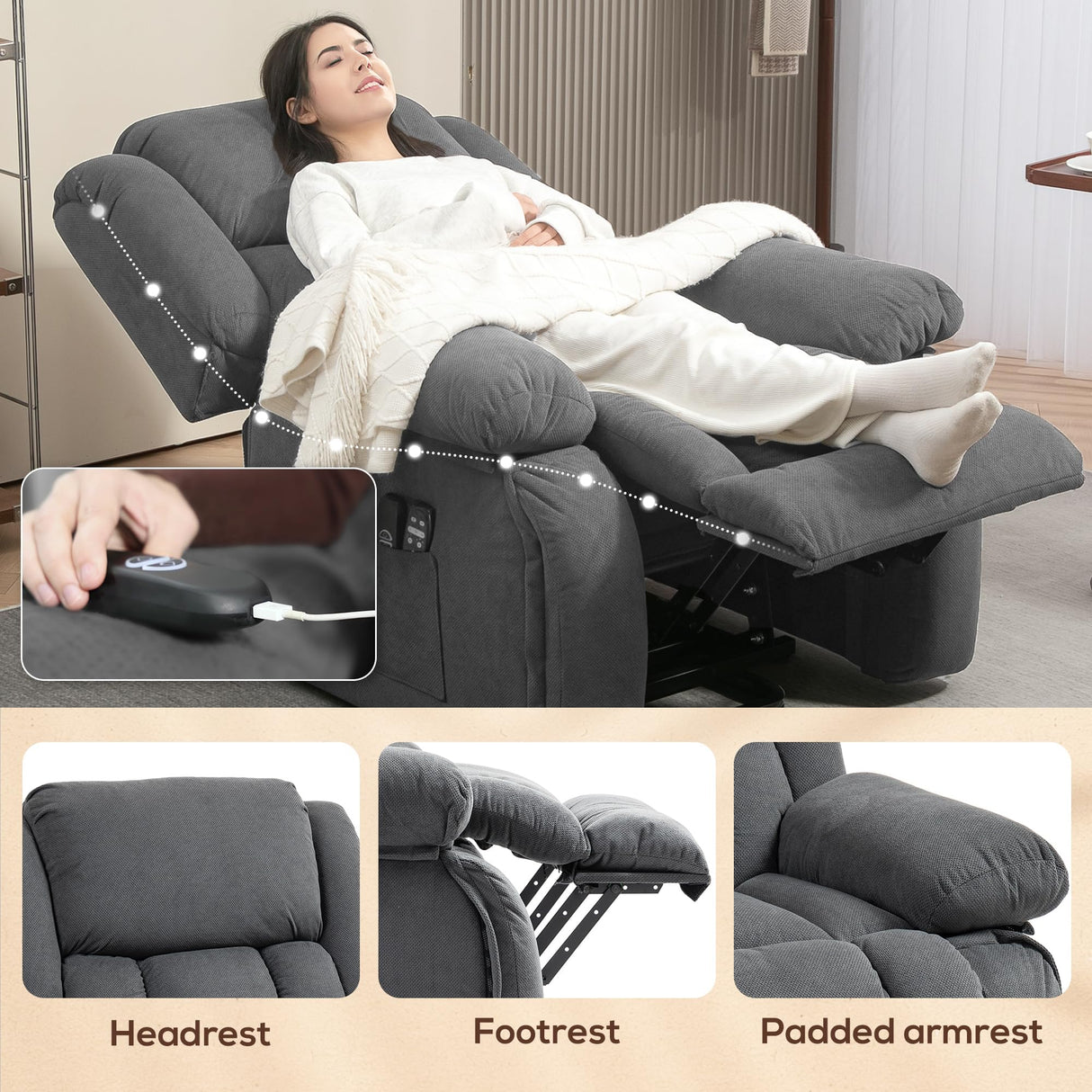 HOMCOM Power Lift Recliner Chair for Elderly with Vibration Massage and Heat, Overstuffed Reclining Chair with Remote, USB Port and Side Pockets, Single Sofa with Pocket Spring, Gray HOMCOM