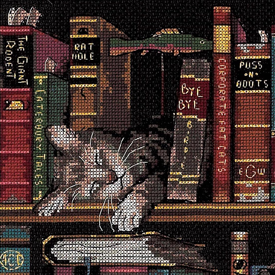 Dimensions 'Frederick the Literate' Snoozing Cat Counted Cross Stitch Kit, 14 Count Black Aida, 12" x 11" Dimensions