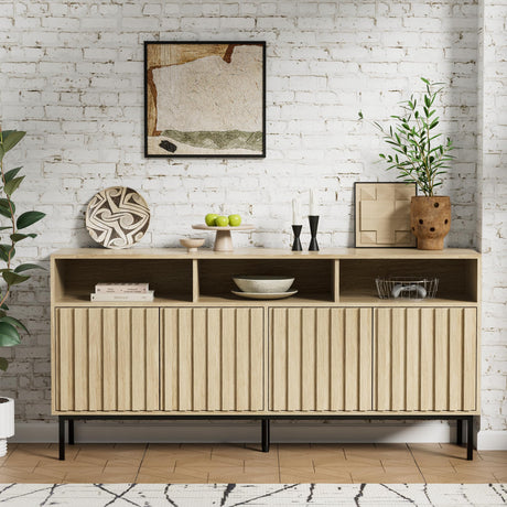 UEV Mid Century Modern Buffet Cabinet with Storage,Wood Sideboard Buffet,Geometric Fluted Storage Cabinet with Metal Legs,Accent Sideboard Cabinet for Kitchen,Living Room,Bedroom,Hallway(Natural) UEV
