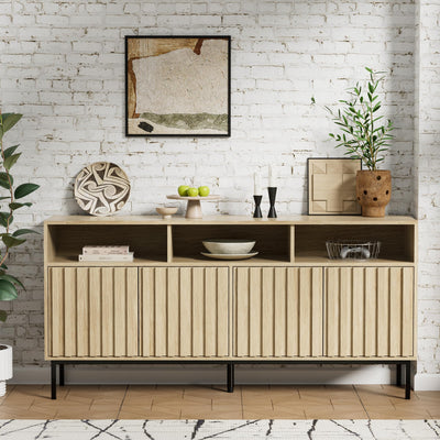 UEV Mid Century Modern Buffet Cabinet with Storage,Wood Sideboard Buffet,Geometric Fluted Storage Cabinet with Metal Legs,Accent Sideboard Cabinet for Kitchen,Living Room,Bedroom,Hallway(Natural)