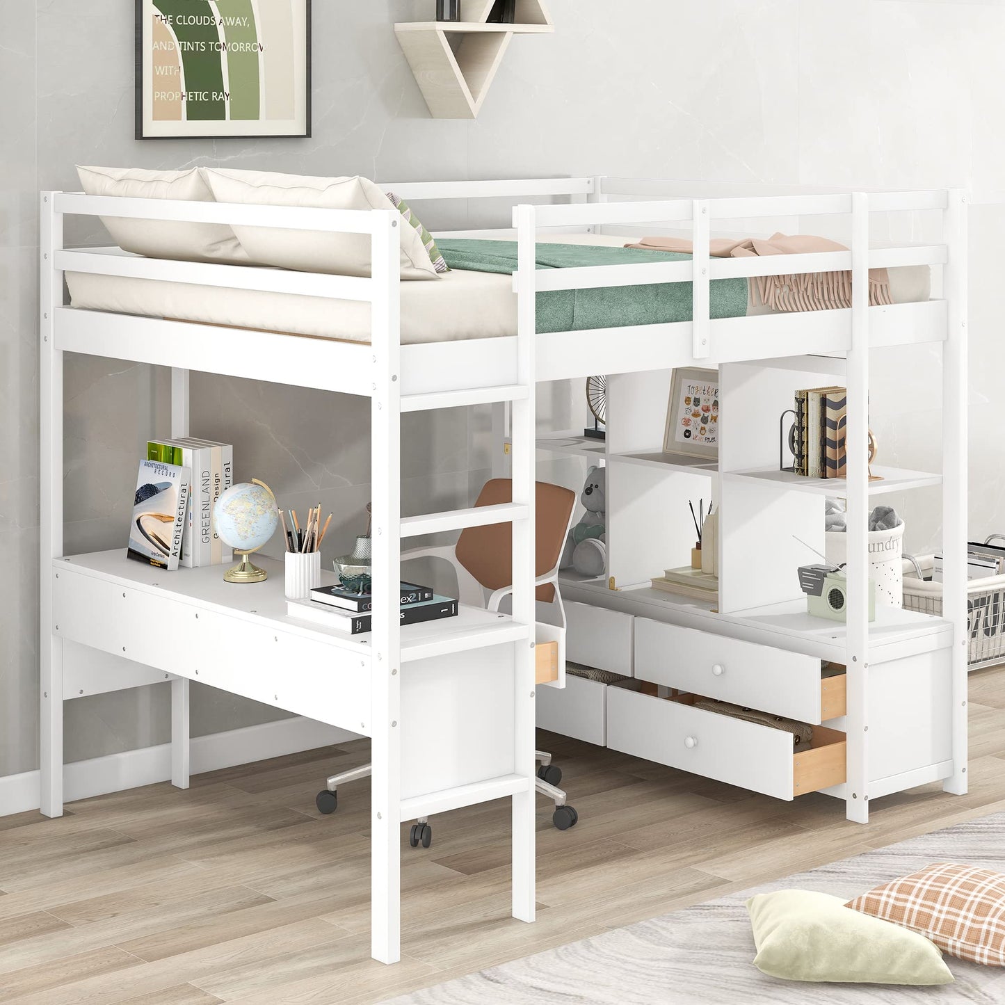 Merax Full Size Loft Bed with Built-in Desk, Drawers, and Storage Solutions in White - WoodArtSupply