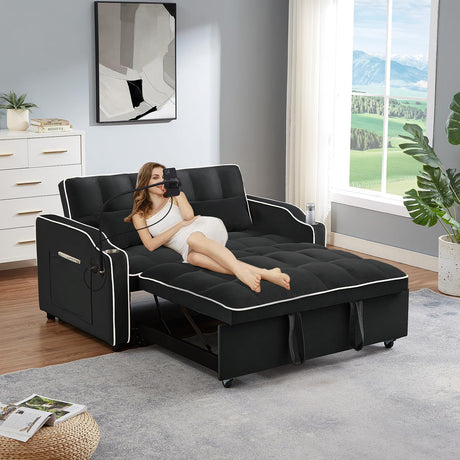 JEEOEHY 3 in 1 Convertible Sleeper Sofa Bed,Velvet Pull Out Couch Bed w USB&Type C Port,Comfy Futon Loveseat w Adjustable Backrest&Phone Stand&Cup Holder for Living Room Apartment Small Space(Black) JEEOHEY