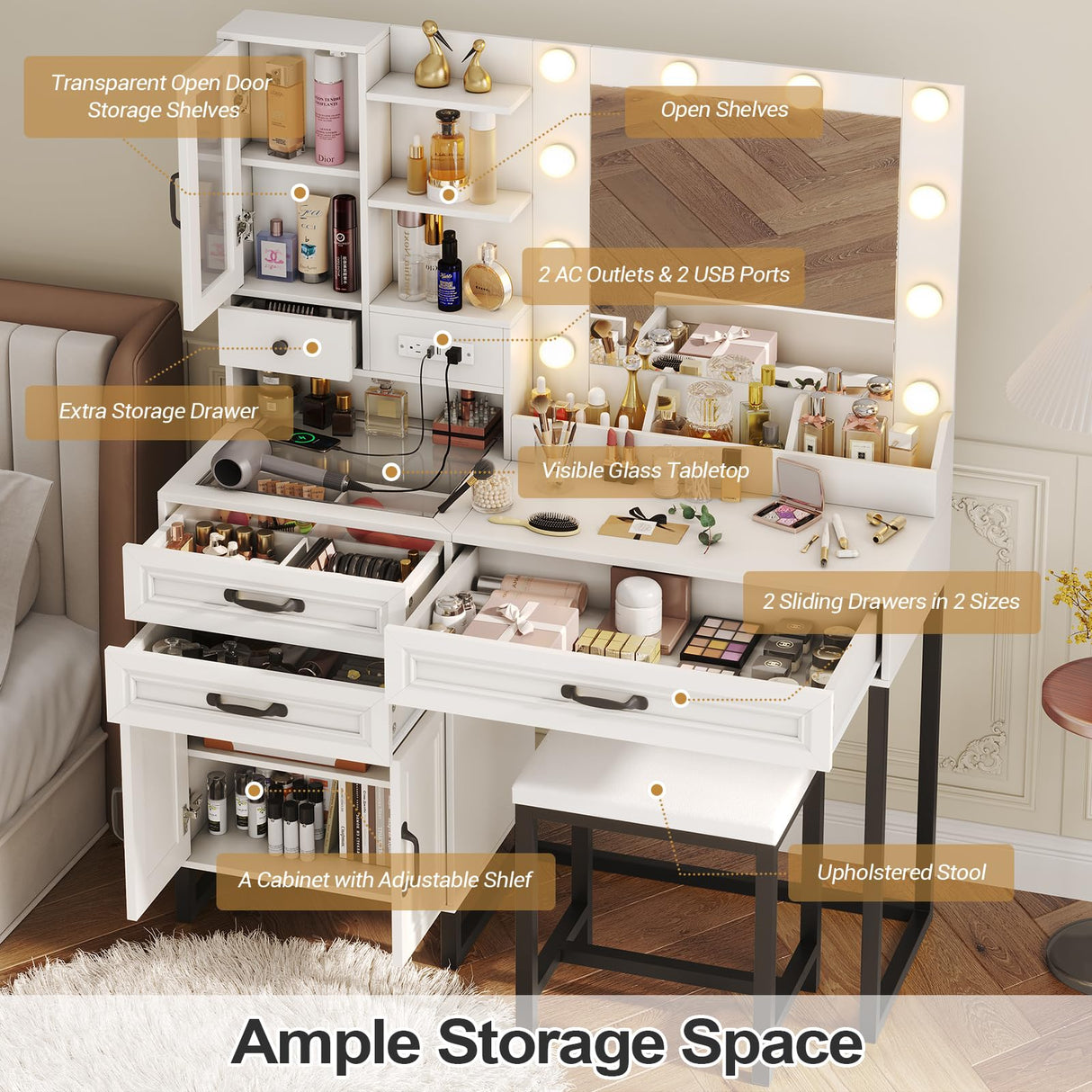 BTHFST Makeup Vanity Desk with Mirror and Lights & Charging Station & Makeup Stool, Vanity Table Set with Glass Top Storage Drawer & Beach & 3 Shelves for Bedroom (Modern White & Black) BTHFST