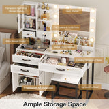 BTHFST Makeup Vanity Desk with Mirror and Lights & Charging Station & Makeup Stool, Vanity Table Set with Glass Top Storage Drawer & Beach & 3 Shelves for Bedroom (Modern White & Black) BTHFST