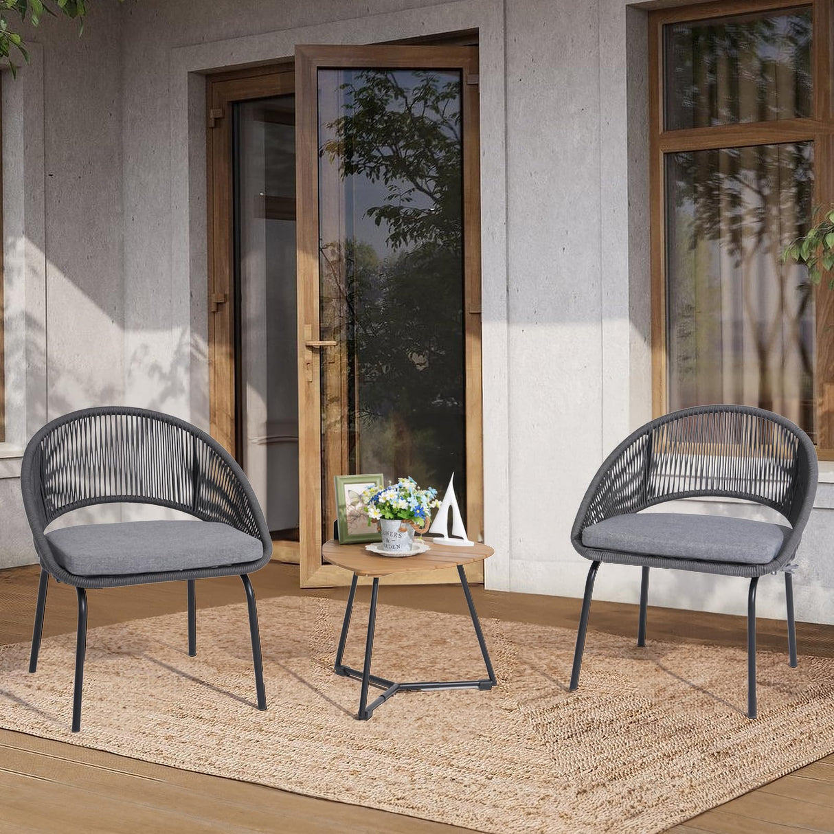 Yangming Patio Furniture Set, 3 Piece Outdoor Bistro Chair Conversation Sets Woven Rope with Wood Coffee Table for Yard Backyard Lawn Garden Porch Backyard Deck Poolside Balcony Yangming