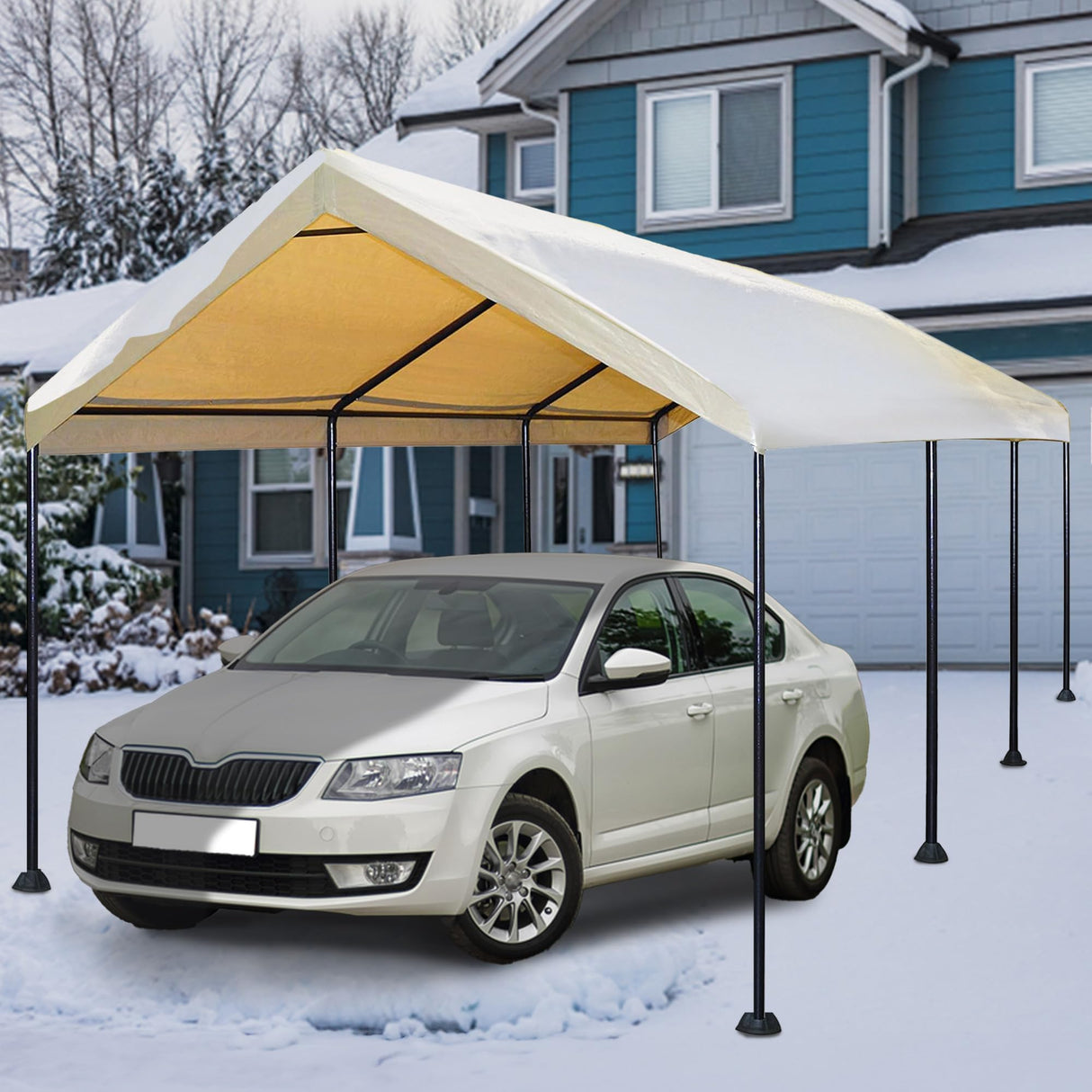 Caravan Canopy Mega Domain Carport with Waterproof Polyethylene Top, Durable Steel Frame, Compression Lock, and Easy Assembly, 10 by 20 Feet, Tan Caravan