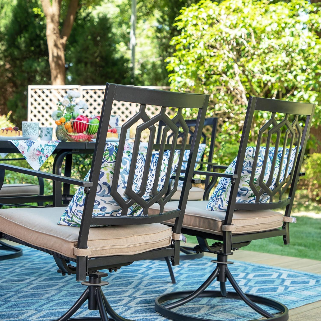 PHI VILLA 9 Piece Outdoor Dining Set for 8, Square Metal Table (60") with Umbrella Hole and Swivel Chairs with Cushions– Perfect for Patio, Garden, Deck, Porch, and Backyard PHI VILLA