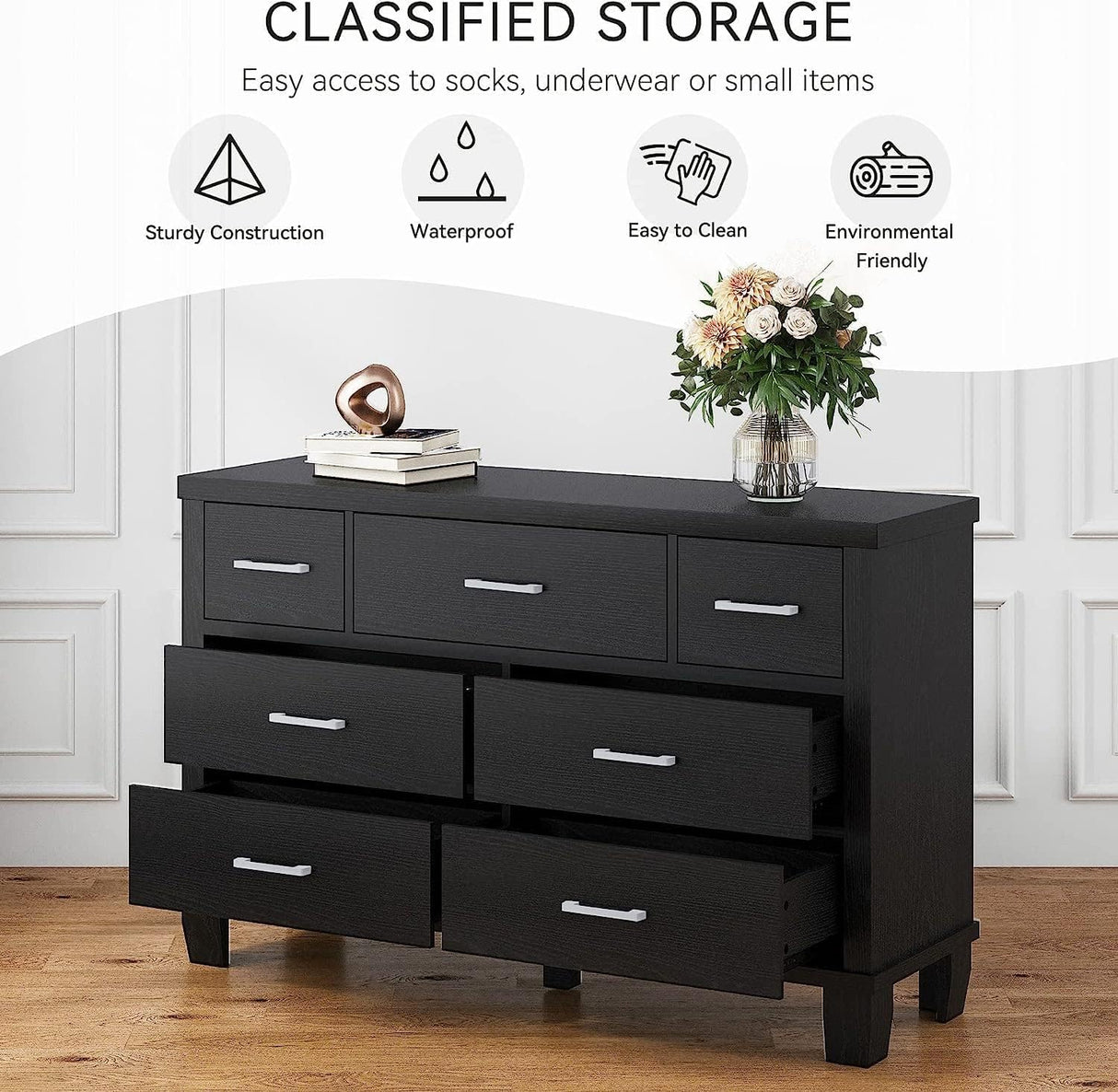 SUNNYFURN Dresser for Bedroom with 7 Drawer Modern Wooden Dresser - 3-Tier Drawer Chest, Entryway, Closet, Living Room, and Hallway Storage - Stylish & Functional Organizer Black SUNNYFURN