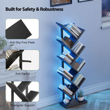 JARHETUN 9 Tier Tree Bookshelf with LED Light, Floor Standing Bookcase, Narrow Bookshelves for Books/CDs/Magazine, Wood Storage Rack for Bedroom, Home Office, Living Room, Black JARHETUN
