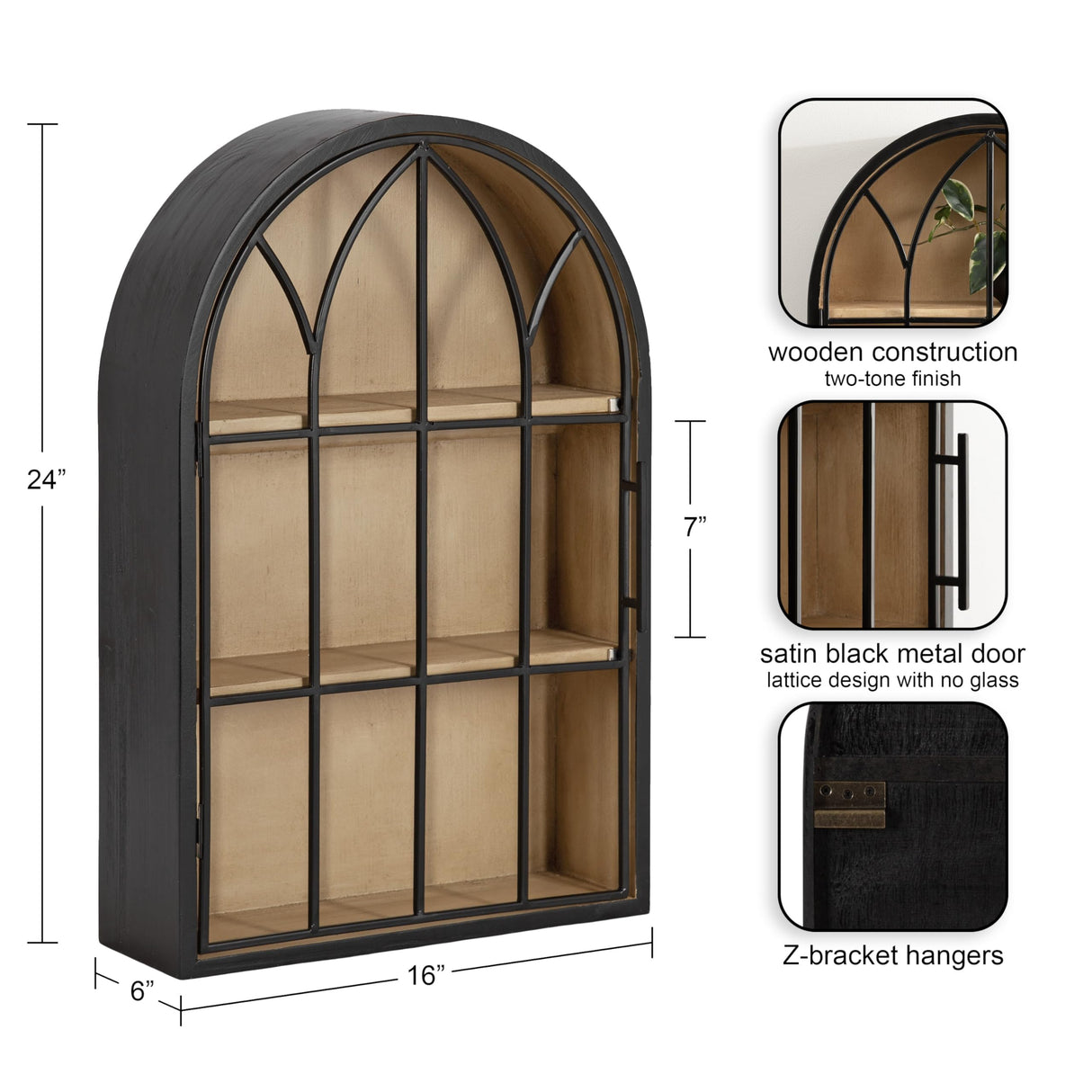 Kate and Laurel Megara Decorative Wooden Hanging Arched Wall Cabinet with Door for Open Storage; 16 x 6 x 24; Black and Natural Wood; Wooden Floating Wall Bathroom Cabinet for Above Toilet Storage Kate and Laurel