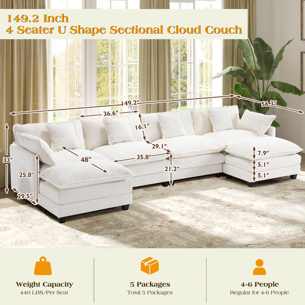 149.2" Modular Sectional Sofa,U Shaped Couch for Living Room,Modern Deep Seat Sofa 3 Seater Chenille Fabric Comfy Cloud Couches with Throw Pillows & Movable Ottoman Hanherry