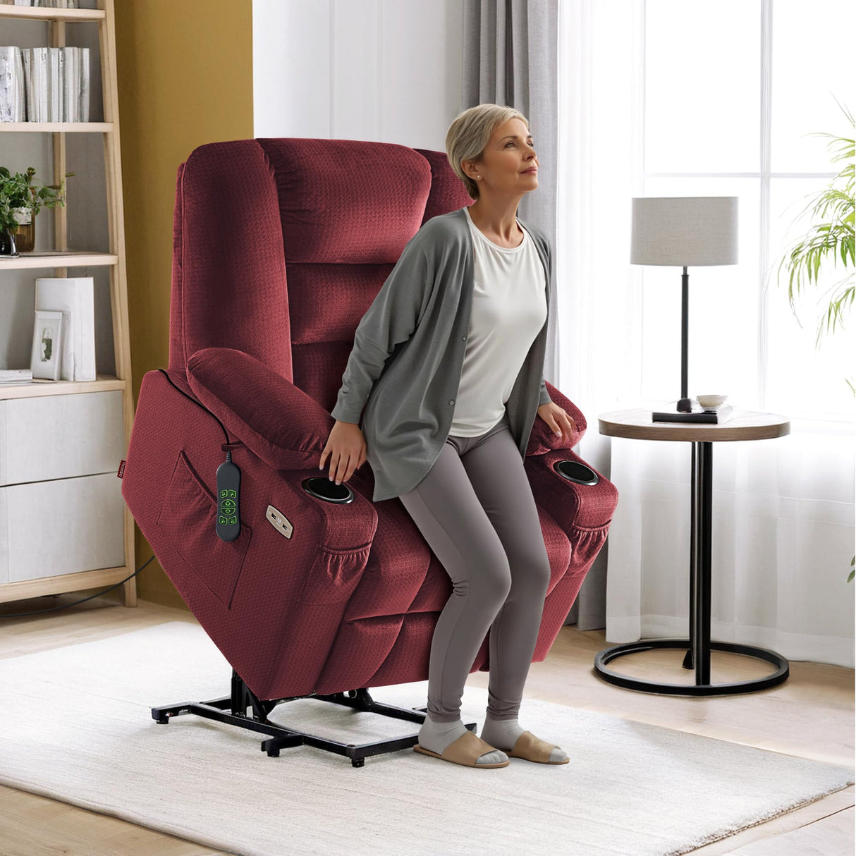 MCombo Small Power Lift Recliner Chair with Massage and Heat for Petite People, Cup Holders, USB Ports, Side Pockets, Fabric 7569 (Small-Regular, Burgundy) MCombo