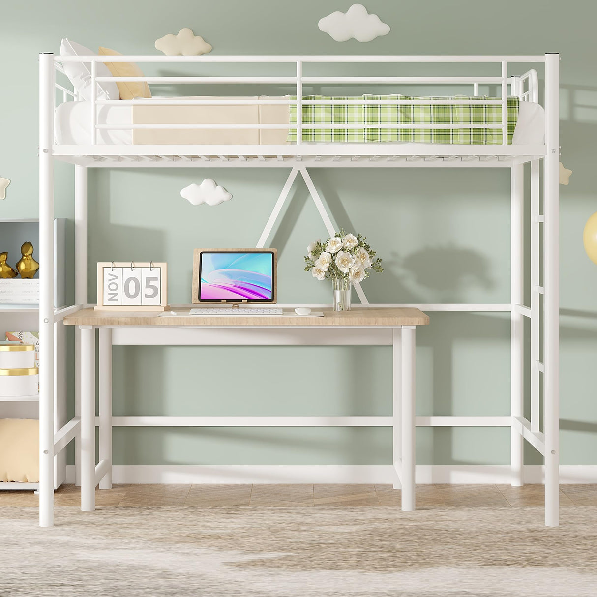 VECELO Metal Loft Bed Twin Size, Heavy Duty Bedframe with Removable Ladder and Safety Guardrail, Space-Saving, Noise Free, No Box Spring Needed, Off White VECELO