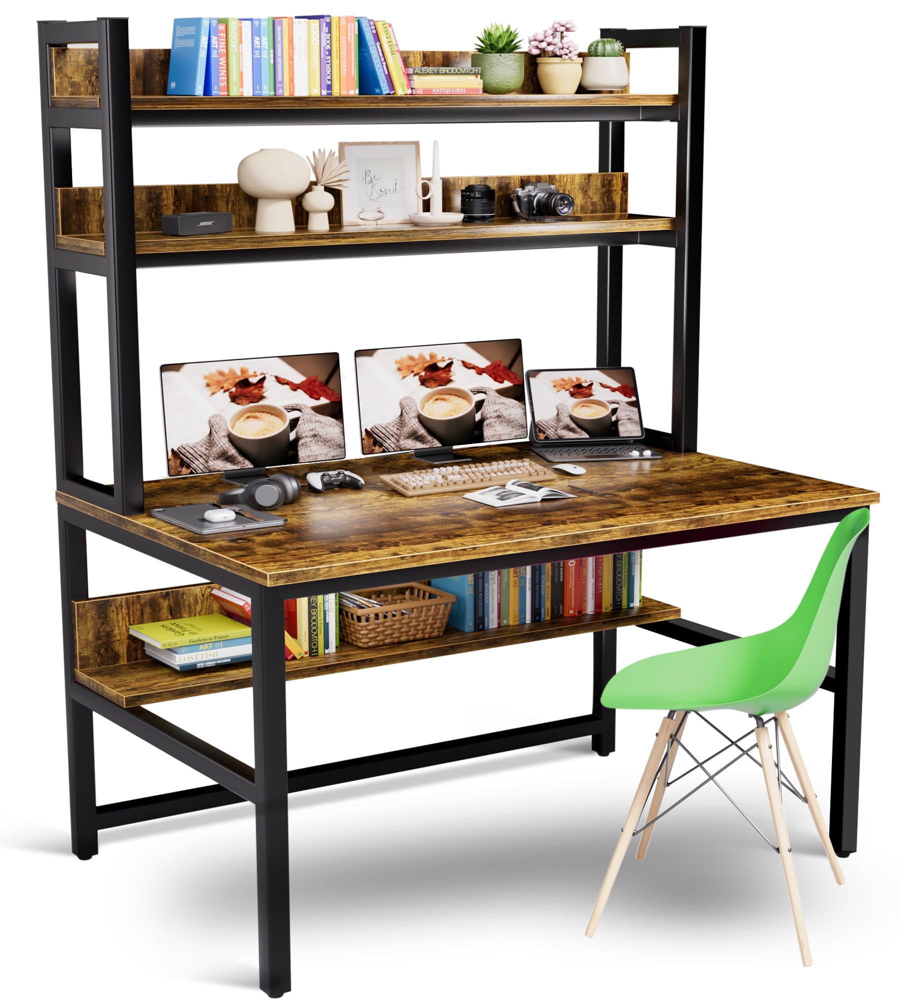 Aquzee 55 Inch Rustic Brown Computer Desk with Hutch and Storage Shelves - WoodArtSupply