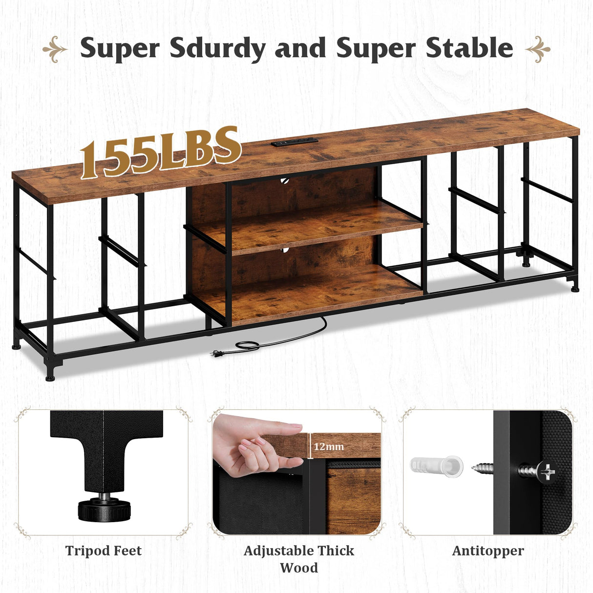 EnHomee 62.3" W Dresser for Bedroom,75" TV Stand Dresser with Charging Station and LED Lights,Entertainment Center with 8 Drawers Dresser,Long Fabric Dresser for Bedroom,Entry Way,Rustic Brown EnHomee