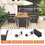 HAPPYGRILL 7 Pieces Outdoor Dining Set, Patio Conversation Set with Umbrella Hole, Acacia Wood Tabletop & Seat Cushions, Dining Table with 6 Rattan Wicker Chairs for Backyard Poolside Deck HAPPYGRILL