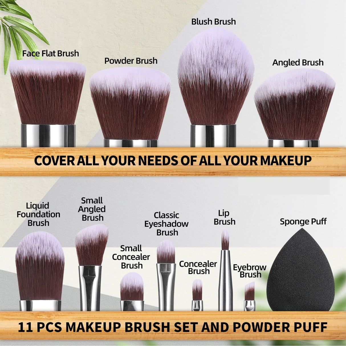 BS-MALL Makeup Brush Set 11Pcs Bamboo Synthetic Kabuki Brush Set Foundation Powder Blending Concealer Eye shadows Blush Cosmetics Brushes with Organizer Bag & Makeup Sponge BS-MALL