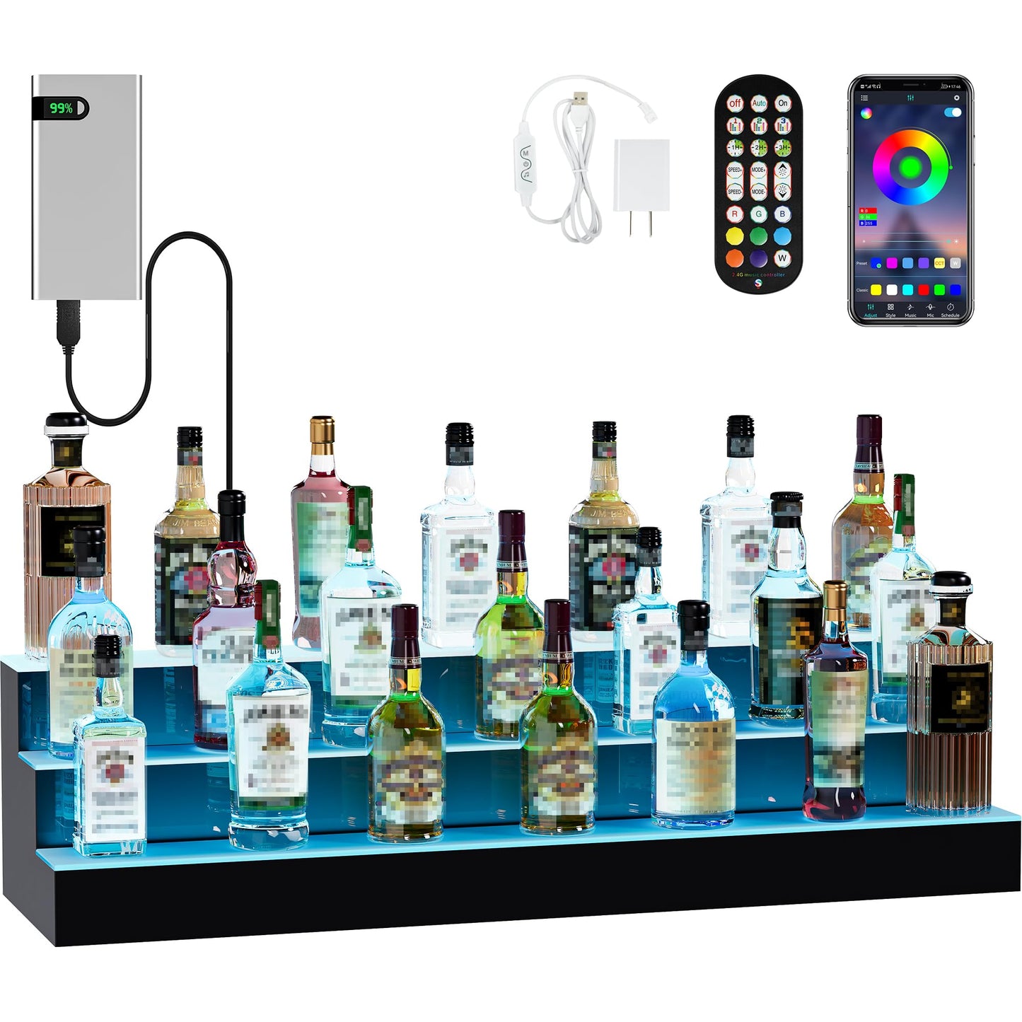 YITAHOME LED Lighted Liquor Bottle Display Shelf, 3-Step 40-inch Bar Liquor Alcohol Shelf for Home Counter Party, Acrylic Mounted Whiskey Rack Stand with Remote & App Control