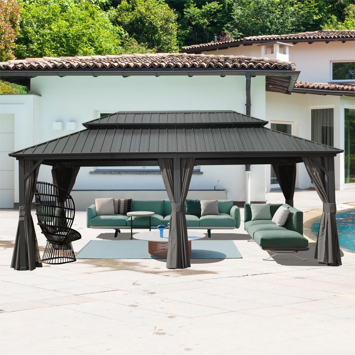 SHPAI 12’ x 20’ Hardtop Gazebo, Outdoor Aluminum Gazebo with Galvanized Steel Double Roof Canopy, Outdoor Permanent Metal Pavilion with Curtains and Netting for Patio, Backyard and Lawn, Dark Grey SHPAI