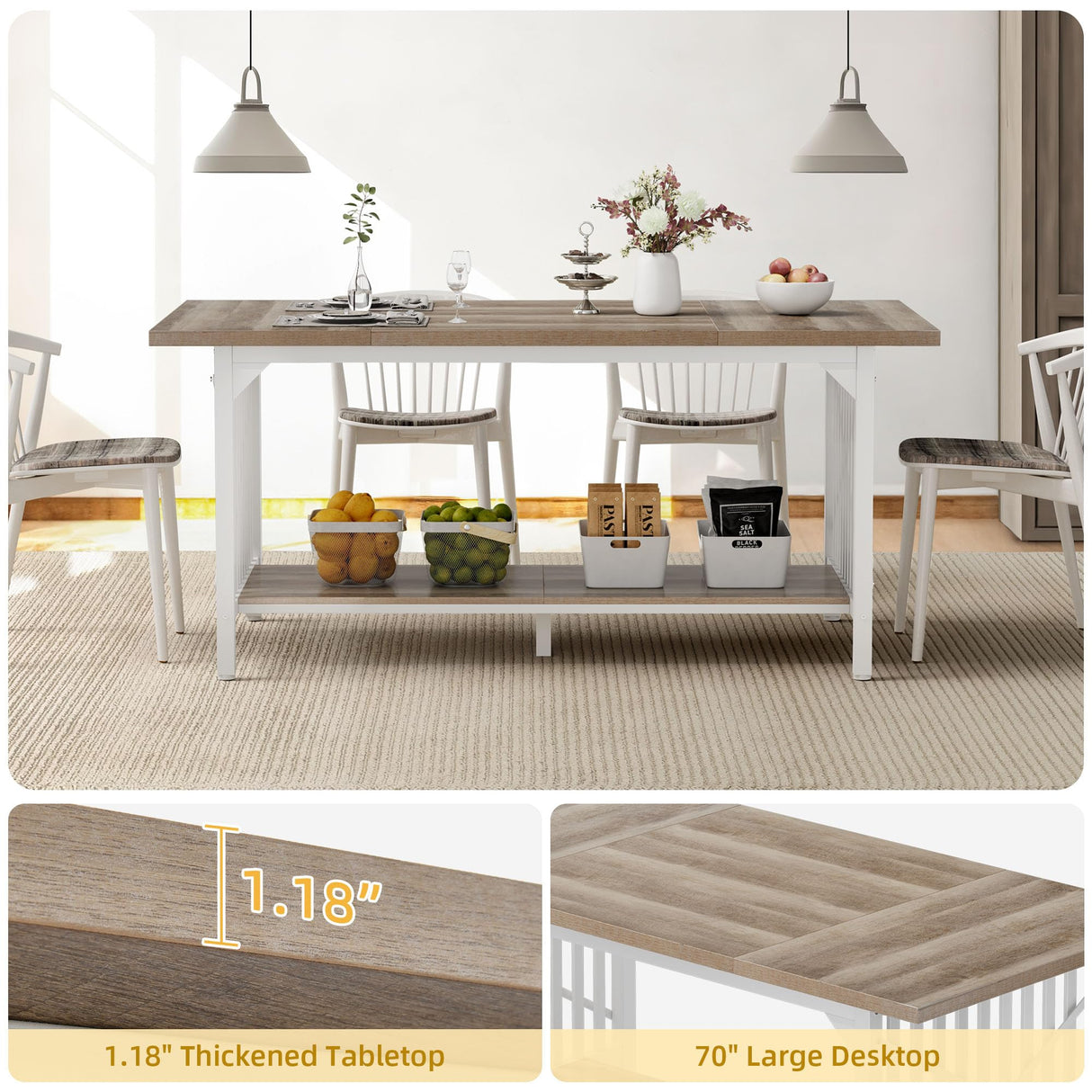 DWVO 70.8" Large Kitchen Dining Table for 6-8 People, Farmhouse Industrial Kitchen Table with Storage, Rectangle Apartment Rustic Dinning Room Dinette Tables for Eating Dinner DWVO