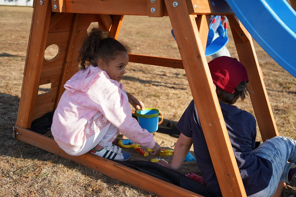 Dolphin Playground Wooden Swing Sets for Backyard, Outdoor Playset with Slide, Sand Box, Climbing Wall, and 2 Belt Swings, Playground Sets for Backyards, Young Kids Outdoor Play Equipment, Ages 3-9 DOLPHIN PLAYGROUND T