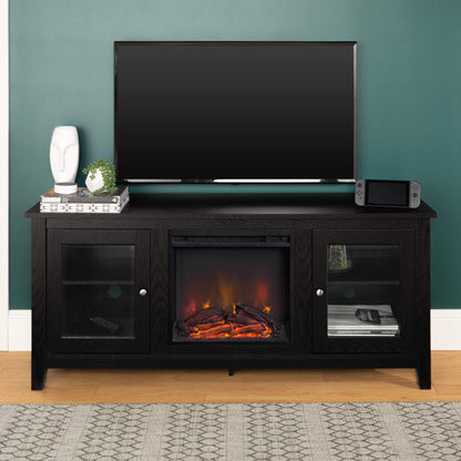 Walker Edison Rustic Wood and Glass Fireplace TV Stand for TV's up to 64" Flat Screen Living Room Storage Cabinet Doors and Shelves Entertainment Center, 58 Inch, Black