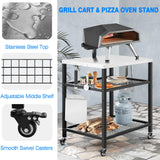 WEASHUME Stainless Steel Grill Cart Pizza Oven Stand Trolley Table with Wheels Three-Shelf Movable Food Prep and Work Cart Table Heavy Duty Grill Cart Outdoor Cart 31.5"×24"×35.5" WEASHUME