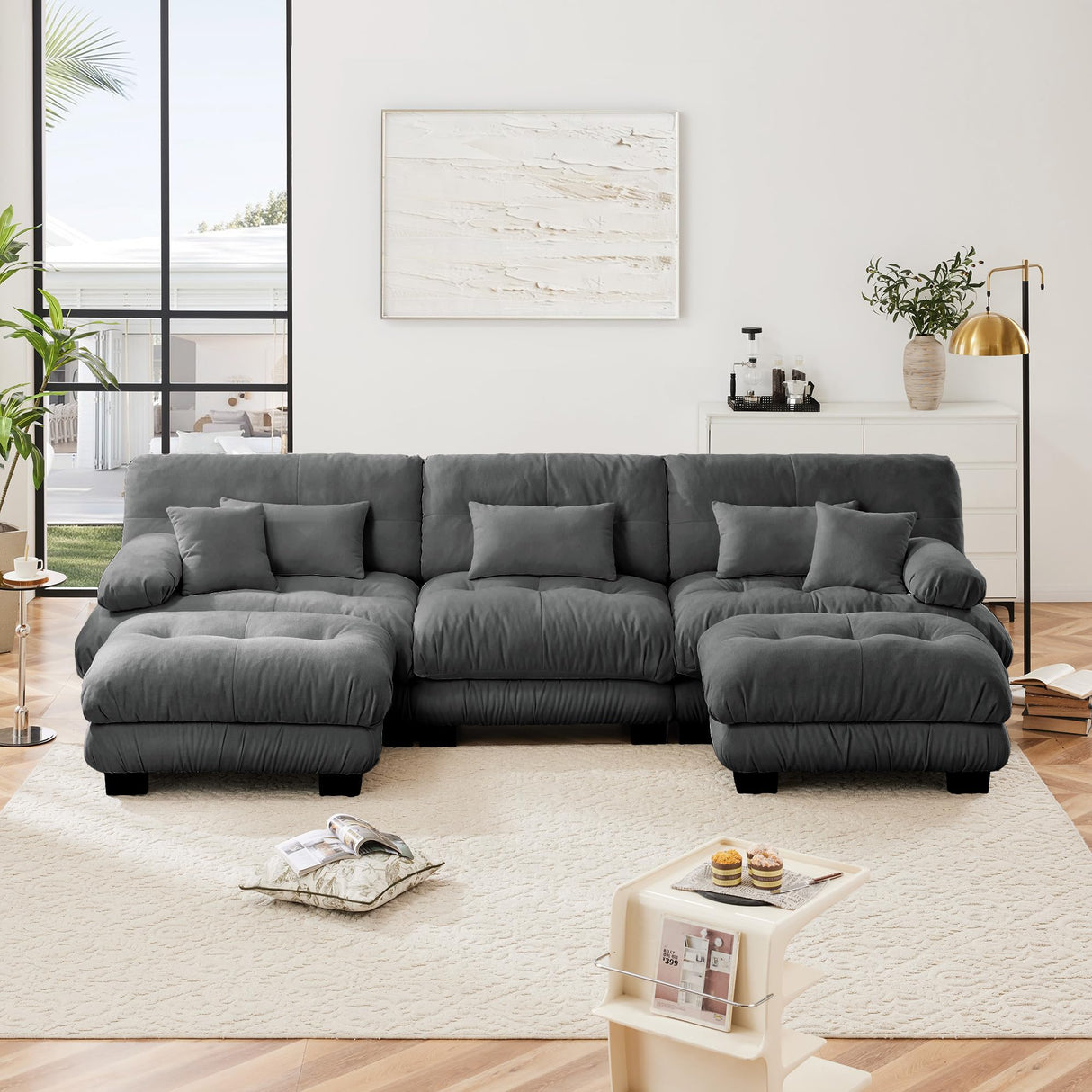 KEIKI 133" Sectional Sofa with Removable Ottomans, Gray 5 Seat U Shaped Sleeper Cloud Couch Set, Comfy Chenille Upholstered Modular SofaBed for Apartment Living Room, Throw Pillows, Dark Grey KEIKI