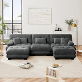 KEIKI 133" Sectional Sofa with Removable Ottomans, Gray 5 Seat U Shaped Sleeper Cloud Couch Set, Comfy Chenille Upholstered Modular SofaBed for Apartment Living Room, Throw Pillows, Dark Grey KEIKI