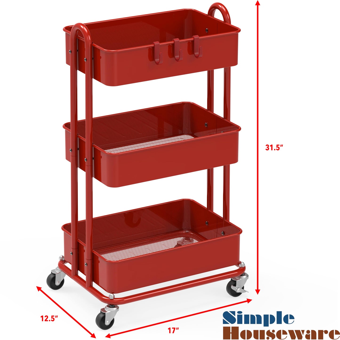 Simple Houseware Heavy Duty 3-Tier Metal Utility Rolling Cart, Red - WoodArtSupply