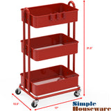 Simple Houseware Heavy Duty 3-Tier Metal Utility Rolling Cart, Red Simple Houseware