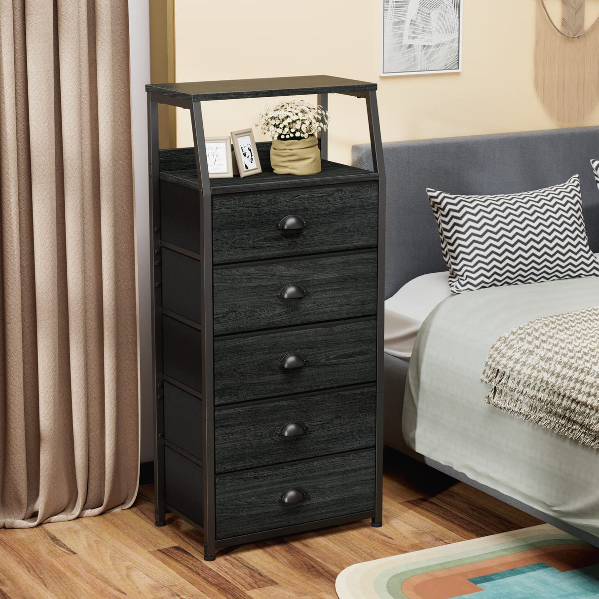 Furnulem Black Dresser with 5 Drawers, Vertical Storage Tower Fabric Dresser for Bedroom, Hallway, Entryway, Nursery, Closet Organizer, Nightstand Bedside Table Furniture, Sturdy Steel Frame, Wood Top Furnulem