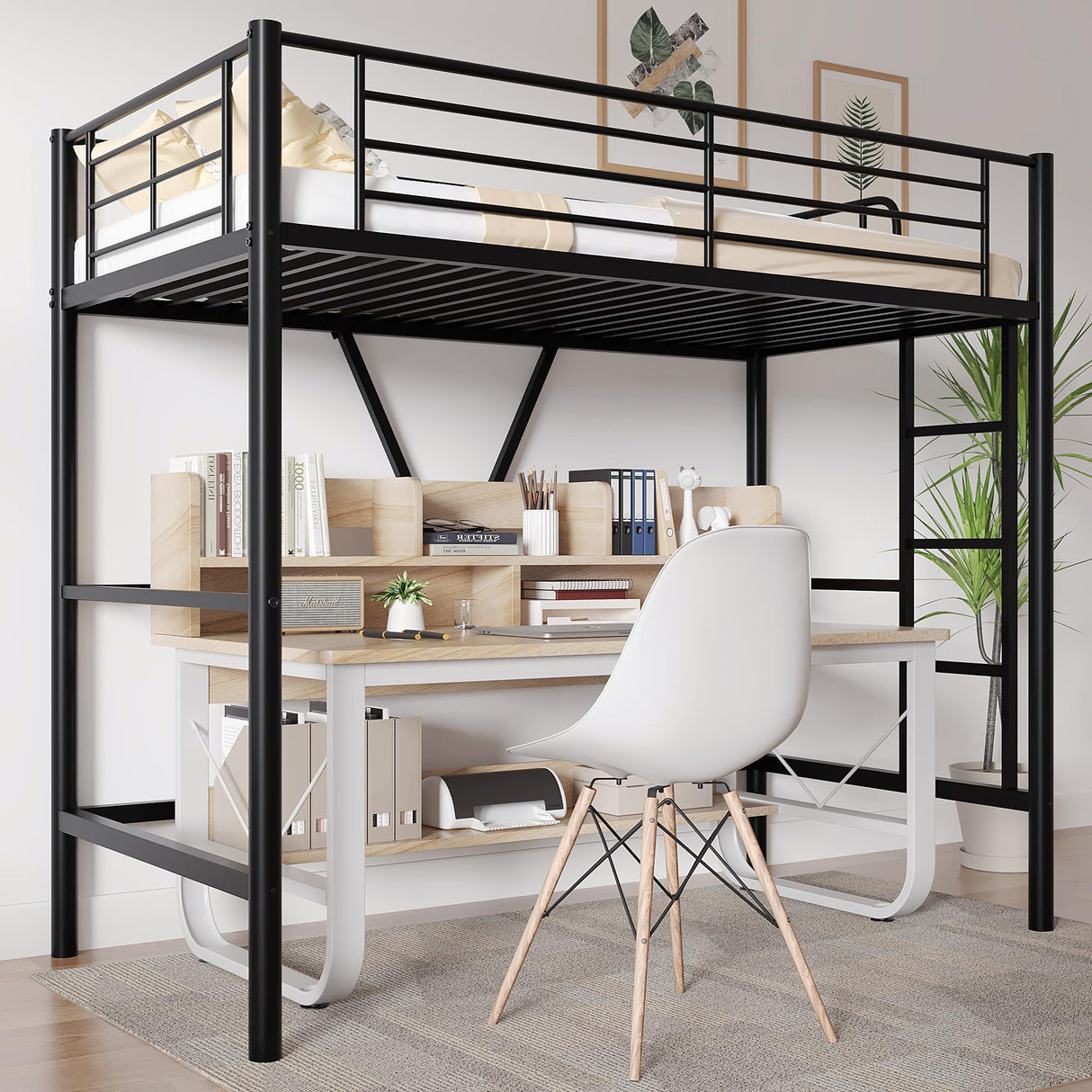 VECELO Twin Size Loft Bed with Full-Length Guardrails and Removable Ladder, Heavy-Duty Metal Frame, Space-Saving Design & Noise-Free, Black VECELO