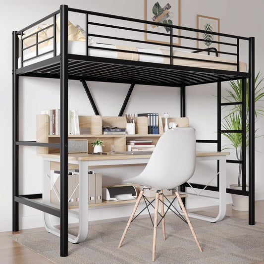 VECELO Twin Size Loft Bed with Full-Length Guardrails and Removable Ladder, Heavy-Duty Metal Frame, Space-Saving Design & Noise-Free, Black