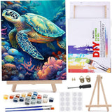 MaiMMaledy Paint by Numbers Kit for Adults Beginners 8Wx12L inch Canvas Pictures with Framed Drawing Painting Works with Wooden Triangle Easel Acrylic Pigment Sea Turtle MaiMMaledy