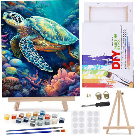 MaiMMaledy Paint by Numbers Kit for Adults Beginners 8Wx12L inch Canvas Pictures with Framed Drawing Painting Works with Wooden Triangle Easel Acrylic Pigment Sea Turtle MaiMMaledy