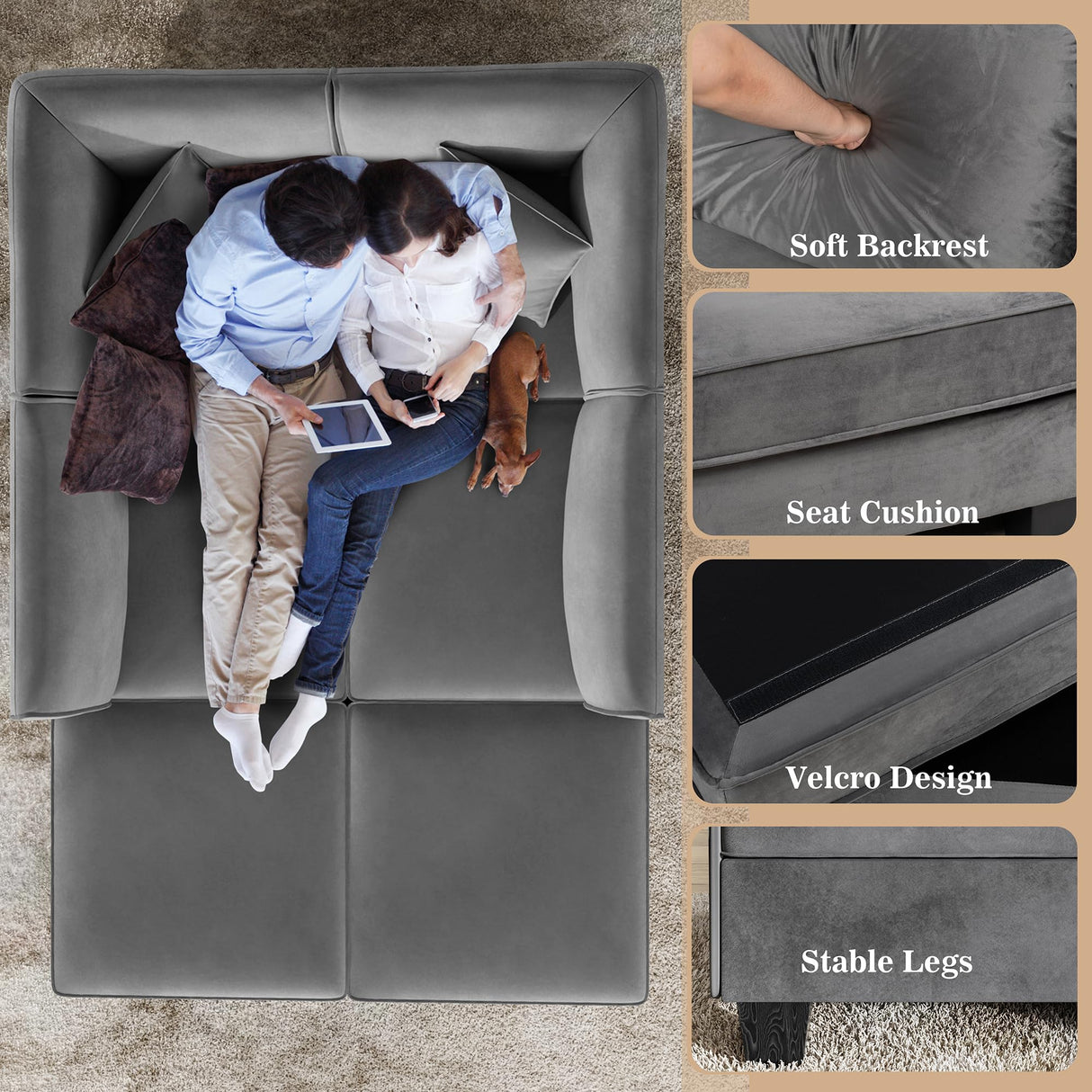 Vongrasig 6 Pieces Sectional Couch Modular Sofa with Reversible Chaise 116" Velvet U-Shaped Couch Sofa 6-seat Modular Large Sectional Couch with Ottoman for Living Room, Upholstered Cushion (Grey) Vongrasig