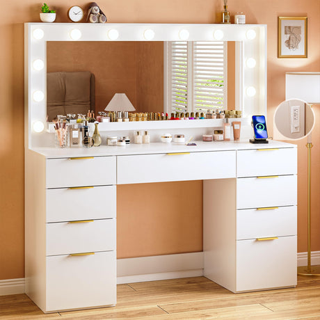 ALEXNUTRE Vanity Desk with Large Mirror and Lights, 45.3in Makeup Vanity with Power Outlet 9 Drawers & Storage, 3 Lighting Color Adjustable, White Vanity Desk for Bedroom ALEXNUTRE