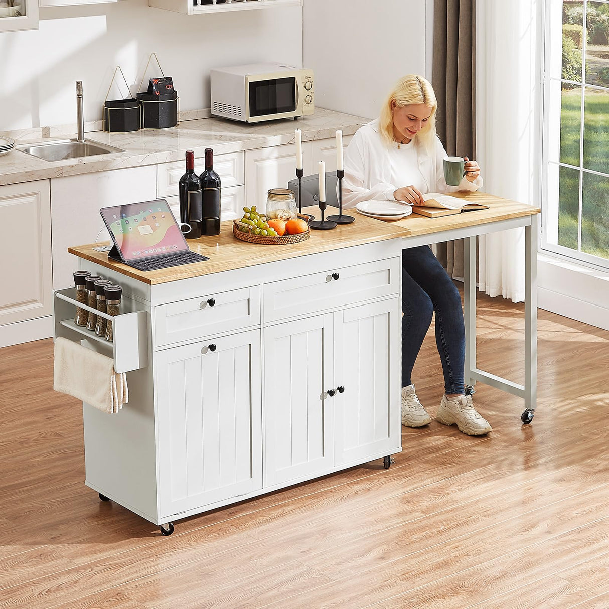 ONBRILL Kitchen Islands with Extendable Dining Table, 81.7" Mobile Kitchen Storage Islands, Rolling Kitchen Cart with Trash Cabinet, Power Outlet, Spice Rack & Towel Rack (White) ONBRILL