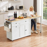 ONBRILL Kitchen Islands with Extendable Dining Table, 81.7" Mobile Kitchen Storage Islands, Rolling Kitchen Cart with Trash Cabinet, Power Outlet, Spice Rack & Towel Rack (White) ONBRILL