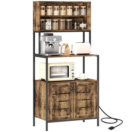 HOMCOM Kitchen Bakers Rack with Power Outlet, Coffee Bar Cabinet with Storage Shelves, Microwave Stand with Louvred Door Cabinets, Rustic Brown HOMCOM